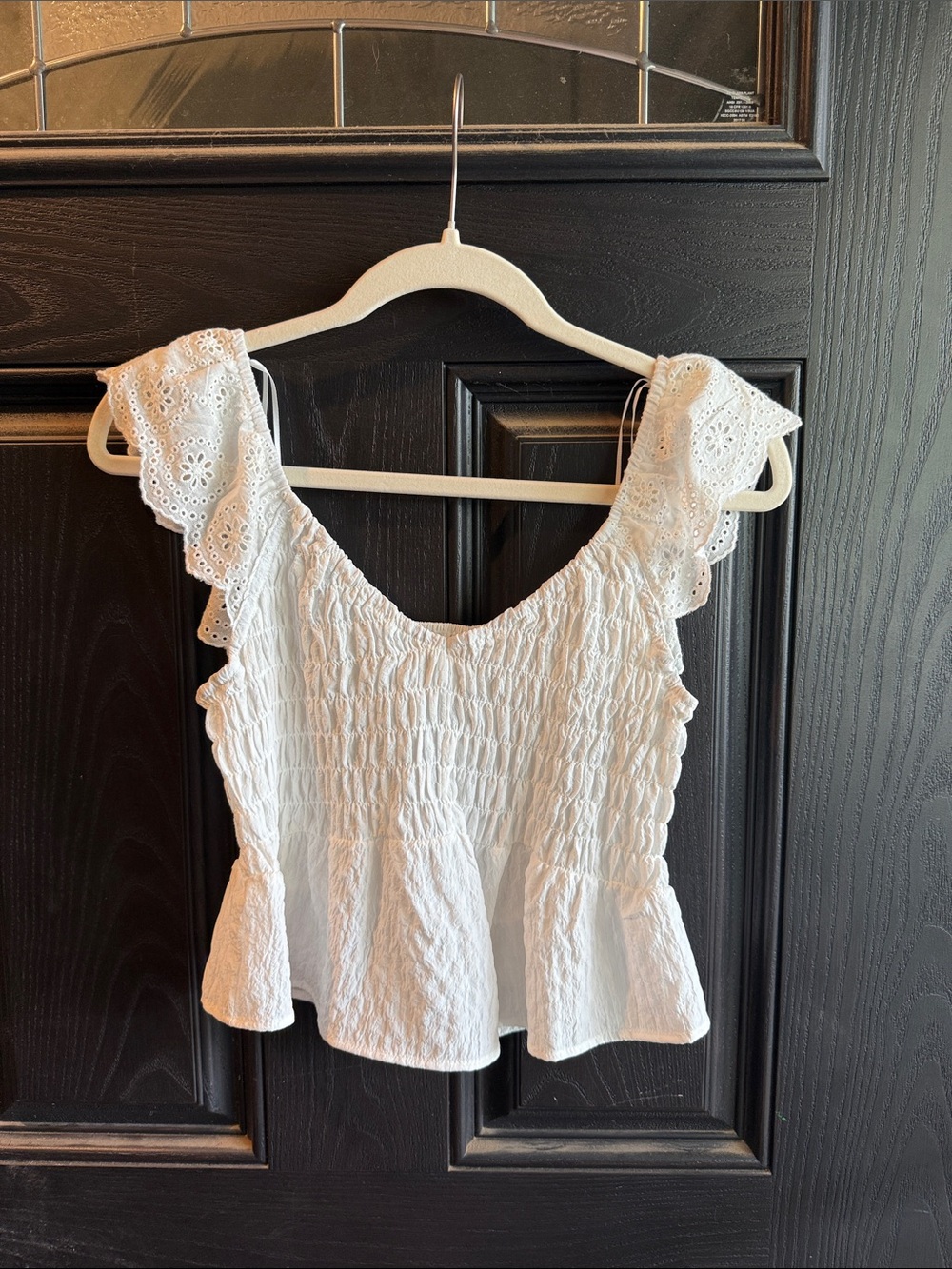 URBAN Romantics White Eyelet Smocked Peplum Crop Top
